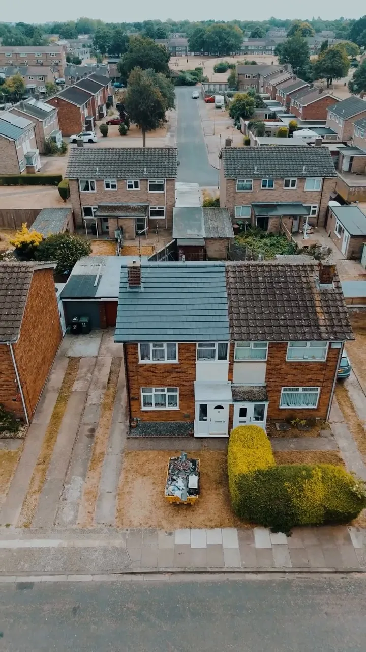 Re-roofed house on a Peterborough street seen by drone