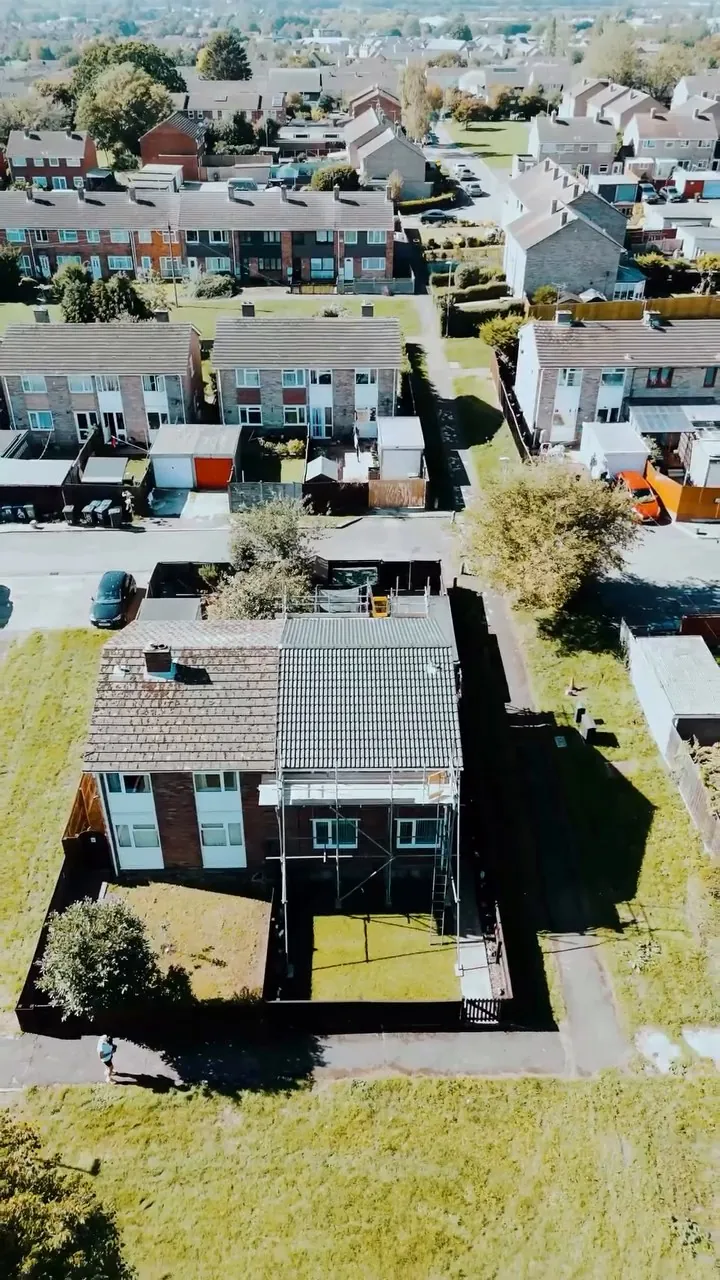 Drone view of the new anthracite roof among the houses in Ramsey