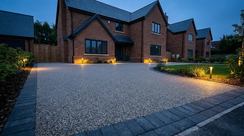 Resin bound driveway with block paving border at a modern UK brick home at dusk