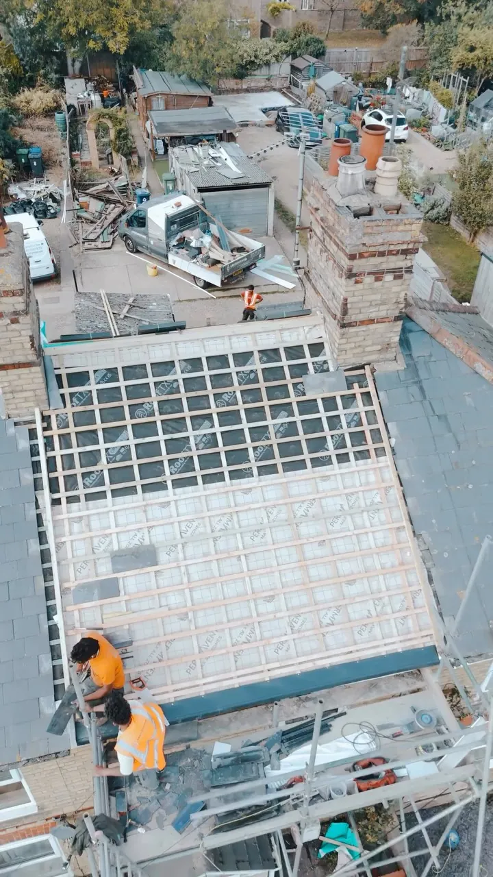 Old roof stripped on the Huntingdon mid-terrace