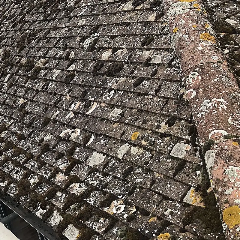 Tired roof before replacement, slipped tiles and failing felt