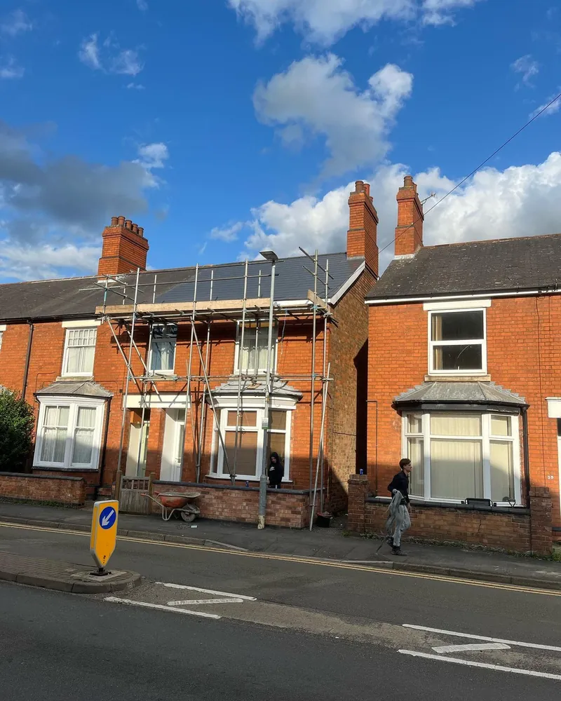 Scaffold up on the Melton Mowbray terrace ready for the re-roof