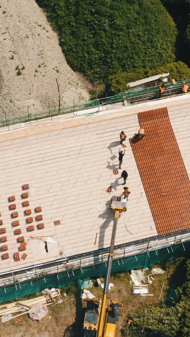 Drone view of tiling in progress on Stoke Ferry Village Hall